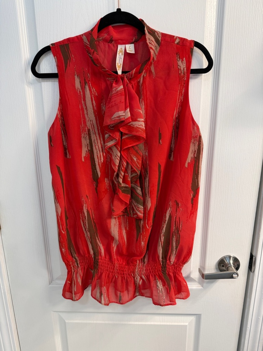 Adiva Red Sleeveless Ruffle Neck Blouse with Painterly Stripes